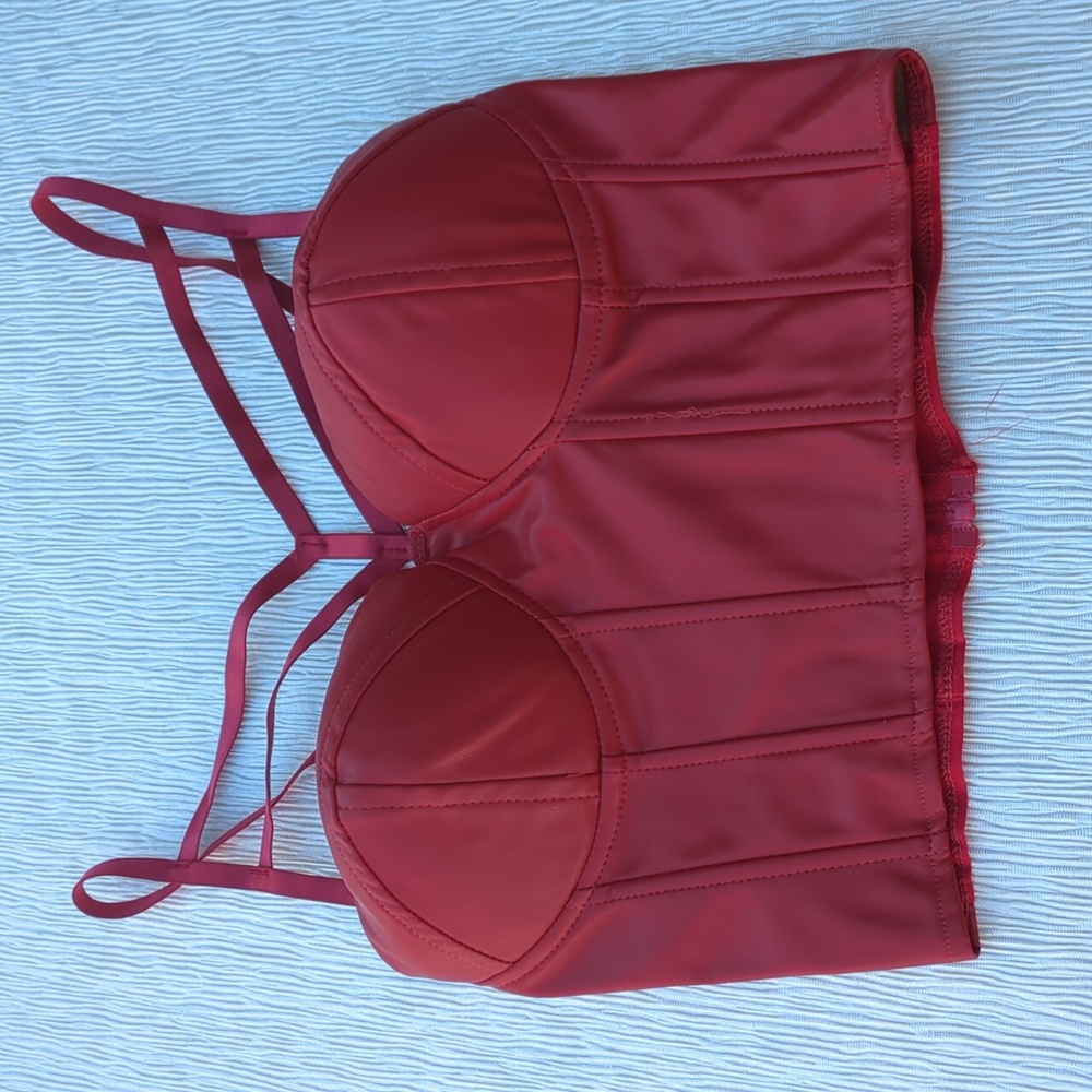 Oppa! faux leather bustier crop top in red, Multi-strap Detailing Size Medium - Picture 10 of 12